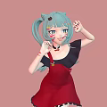 Anime Style Game Character With Turquoise Hair And Red Dress