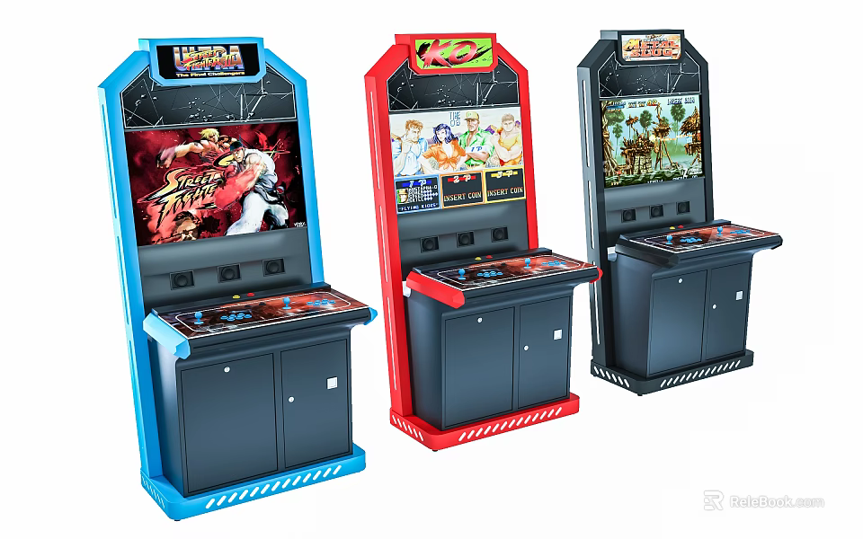 Colorful Arcade Gaming Machines As Entertainment Appliances With Classic Game Screens 3d model 
