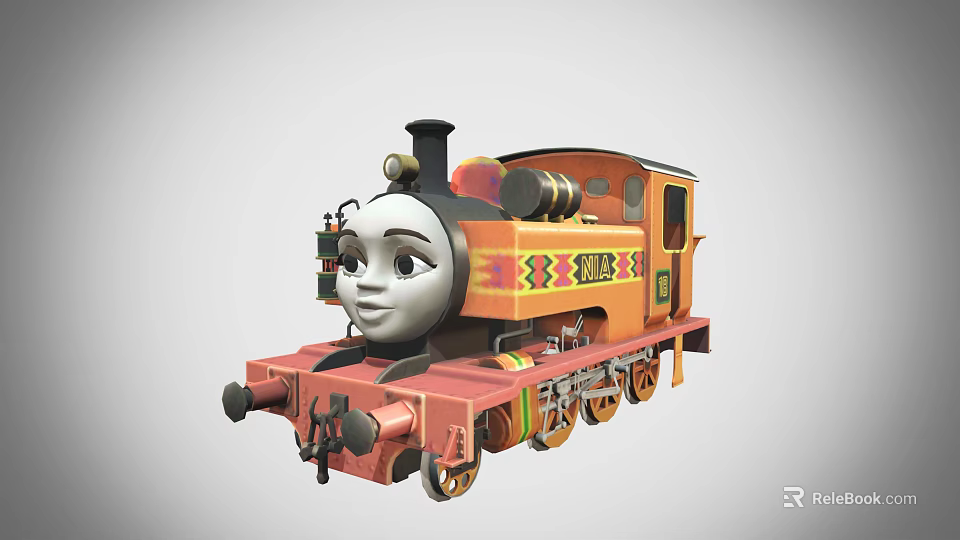 Cartoon Style Train Locomotive With Friendly Face Orange Red Body And Decorative Patterns 3d model 