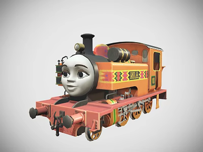 Cartoon Style Train Locomotive With Friendly Face Orange Red Body And Decorative Patterns 3d model