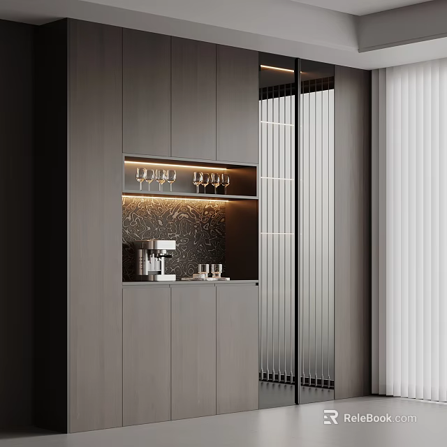 Modern Gray Wooden Sideboard Cabinet With Glass Door LED Lighting And Wine Glasses 3d model 