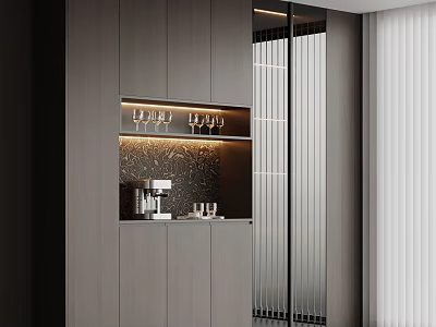 Modern Gray Wooden Sideboard Cabinet With Glass Door LED Lighting And Wine Glasses 3d model