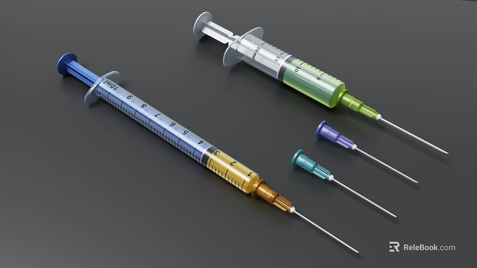 Medical Devices Including Syringes And Needles In Different Colors For Healthcare Use 3d model 