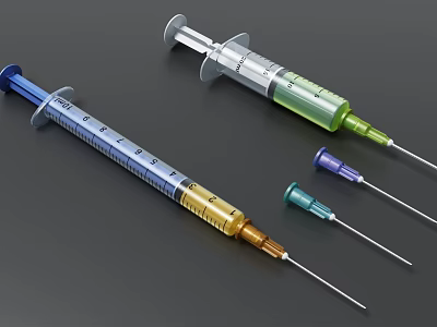 Medical Devices Including Syringes And Needles In Different Colors For Healthcare Use 3d model
