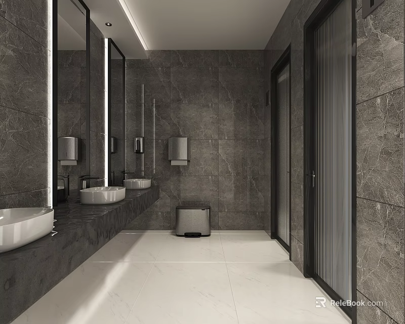 Modern Public Toilet Featuring Marble Walls Double Sinks Mirrors Trash Bin And White Floor 3d model 
