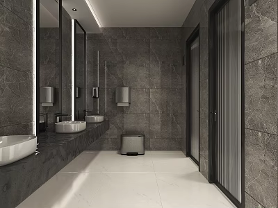 Modern Public Toilet Featuring Marble Walls Double Sinks Mirrors Trash Bin And White Floor 3d model