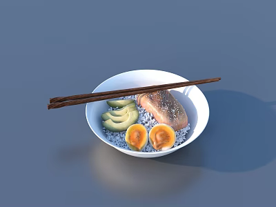 Bowl Of White Rice With Avocado Slices Salmon And Boiled Eggs Served With Chopsticks 3d model