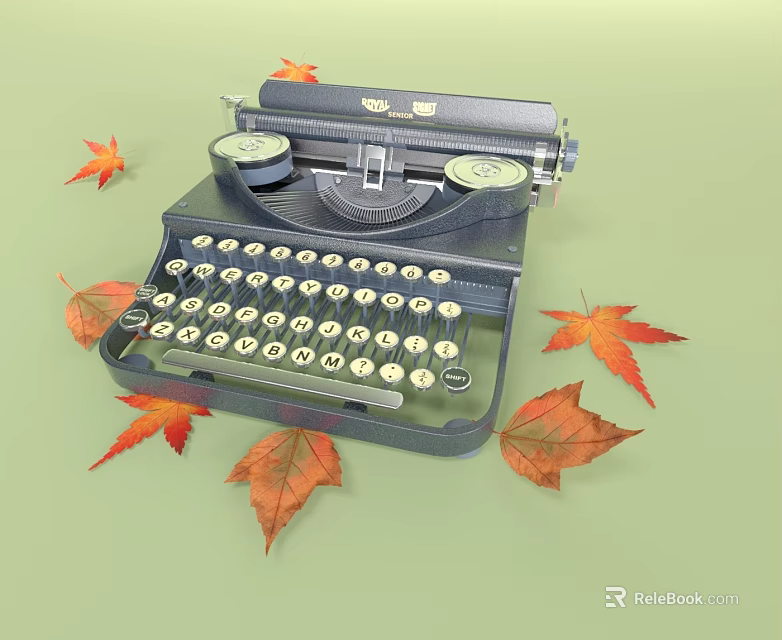 Classic Retro Vintage Office Electrical Typewriter Decorated with Surrounding Autumn Leaves 3d model 