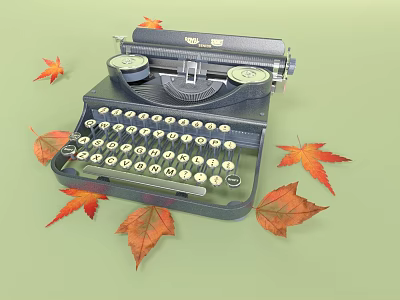 Classic Retro Vintage Office Electrical Typewriter Decorated with Surrounding Autumn Leaves 3d model