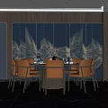 Elegant Modern Private Dining Room Interior With Mountain Pattern Wall Dining Table And Chairs 3d model