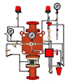 Red Industrial Fire Protection System With Valves Pipes And Pressure Gauges