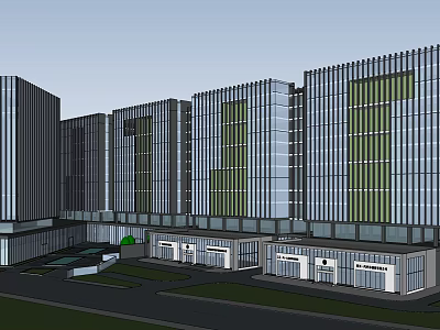 Modern Office Building Complex With Glass Curtain Walls And Ground Floor Entrances 3d model
