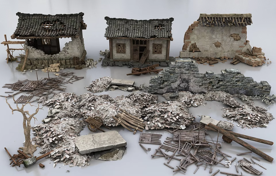 Ancient Architecture Ruins Featuring Dilapidated Traditional Structure With Scattered Wood And Stone Debris 3d model 