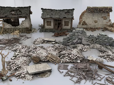Ancient Architecture Ruins Featuring Dilapidated Traditional Structure With Scattered Wood And Stone Debris 3d model
