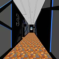 Modern Elevator Hallway With Colorful Geometric Carpet Black Walls Blue Accent Lines And Posters