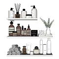 Stylish Bathroom Accessories With Bottles Jars Candles Towels And Plants On Shelves