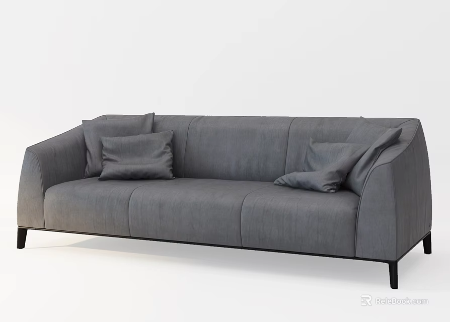 Modern Gray Three Seater Sofa With Soft Pillows And Black Legs 3d model