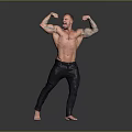 Muscular Shirtless Man Flexing Biceps In Dark Jeans Against Gray Background