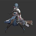 Anime Style Female Game Character With Blue Hair White Blue Outfit Mechanical Gun Combat Stance