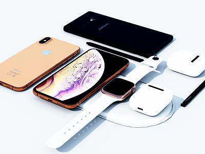 Gold iPhone And Black Samsung Smartphone With White Smartwatch Wireless Earbuds And Stylus Pen 3d model