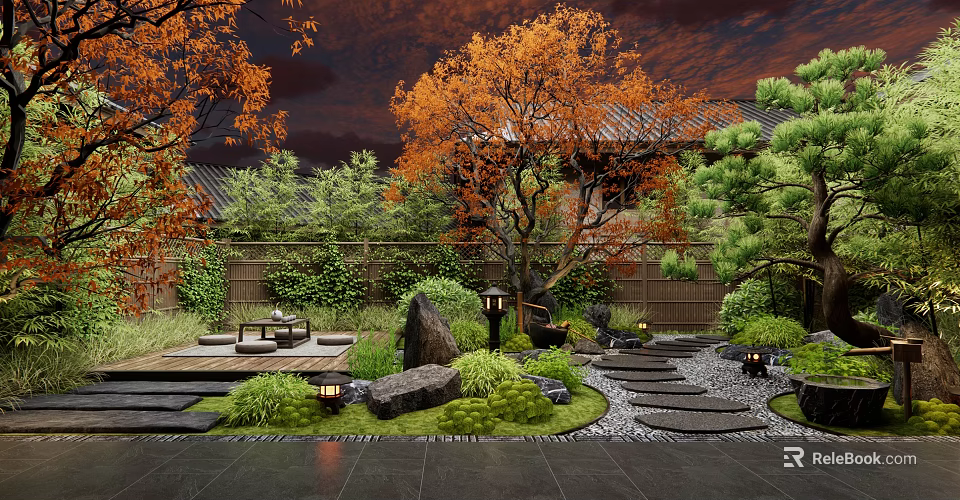 Traditional Courtyard Garden With Autumn Trees Greenery Walls Stone Pathways And Lanterns 3d model 