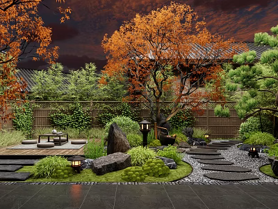 Traditional Courtyard Garden With Autumn Trees Greenery Walls Stone Pathways And Lanterns 3d model