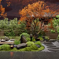 Traditional Courtyard Garden With Autumn Trees Greenery Walls Stone Pathways And Lanterns