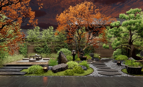 Japanese style courtyard Zen courtyard landscape 3d model