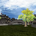 Traditional Ancient Architecture Courtyard With Hanging Lanterns Curved Roofs And Wooden Pavilions