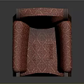 Elegant Red Upholstered Chair With Wooden Armrests Legs And Diamond Pattern