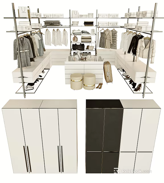 Modern Closet Interior Design With Hanging Racks Drawers Storage Cabinets And Accessories 3d model 