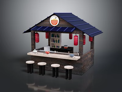 Traditional Restaurant Stall With Blue Roof Red Lanterns Bar Counter And Stools 3d model
