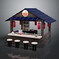 Traditional Restaurant Stall With Blue Roof Red Lanterns Bar Counter And Stools
