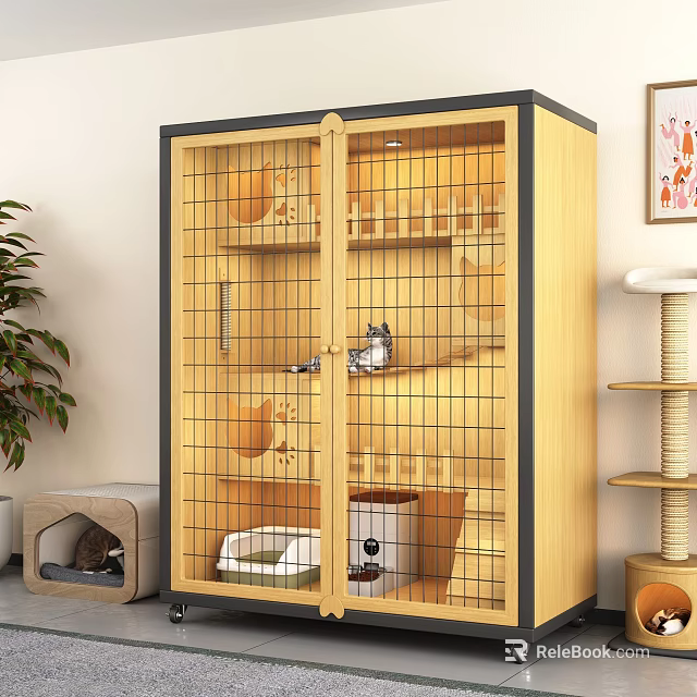 Modern Wooden Pet Furniture for Cats Featuring Cage Tree Bed and Scratching Post 3d model 