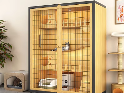 Modern Wooden Pet Furniture for Cats Featuring Cage Tree Bed and Scratching Post 3d model
