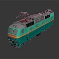 Green Electric Train Model with Yellow Stripes Red Pantograph and Dark Background Reflection