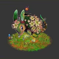 Green Turtle Adorned with White Flowers Bees and Butterflies on Lush Grass with Eggs