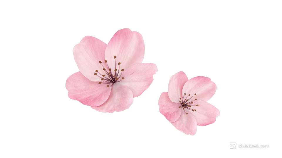 Pink Cherry Blossom Flowers Watercolor Illustration With Two Blooms On White Background 3d model 