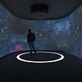 Modern Corridor With Two People White Curved Walls Lighting Circular Windows And Starry Sky
