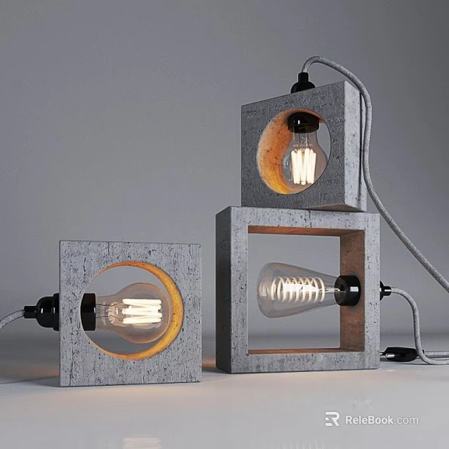 Modern Concrete Table Lamps With Square Hollow Structure And Illuminated Bulbs 3d model 