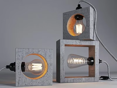 Modern Concrete Table Lamps With Square Hollow Structure And Illuminated Bulbs 3d model