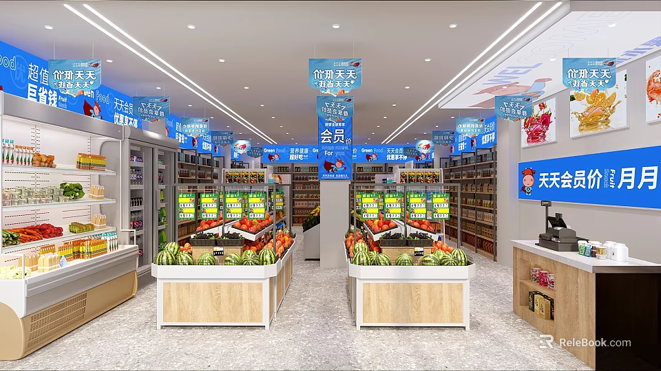 Fresh Fruit Store Interior With Well Arranged Fruit Counters And Blue Member Banners 3d model 