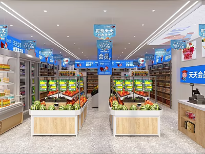 Fresh Fruit Store Interior With Well Arranged Fruit Counters And Blue Member Banners 3d model