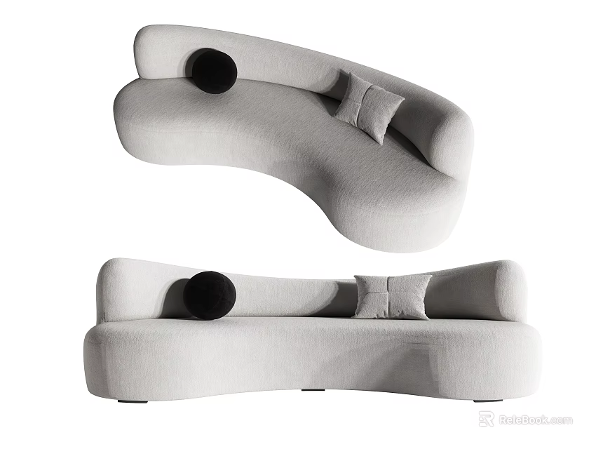 Modern Curved Sectional Sofa With Black Round Pillows And Gray Square Cushions 3d model 