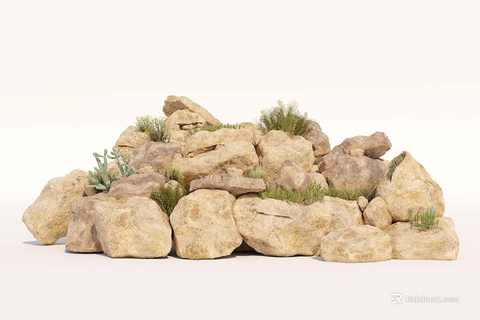 Natural Stones And Wood Pile Featuring Small Green Plants In Outdoor Scene 3d model 