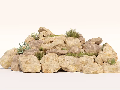 Natural Stones And Wood Pile Featuring Small Green Plants In Outdoor Scene 3d model