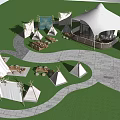 Scenic Camping Camp With Green Lawn Teepee Tents And Winding White Paths