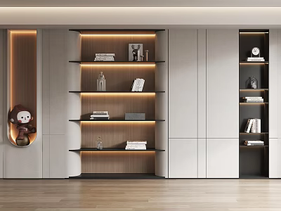 Modern Bookcase Interior Design With Layered Shelves Ambient Lighting And Storage Solutions 3d model