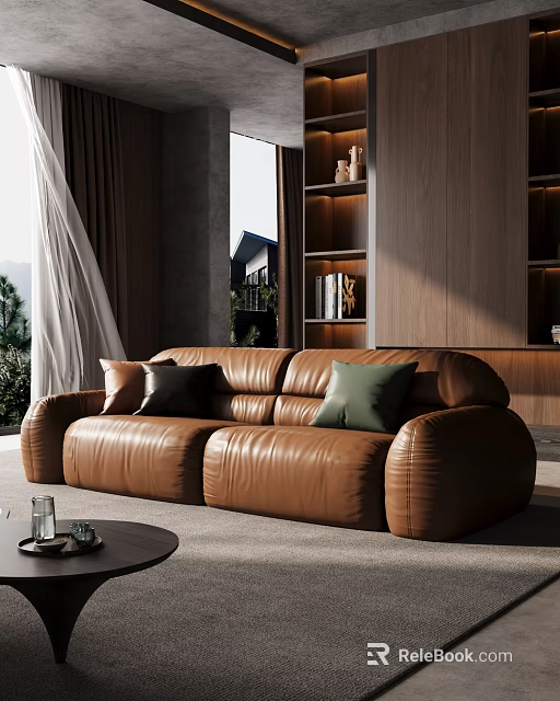 Elegant Living Room Interior With Brown Leather Sofa And Green Pillows 3d model 