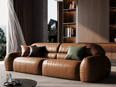 Elegant Living Room Interior With Brown Leather Sofa And Green Pillows 3d model